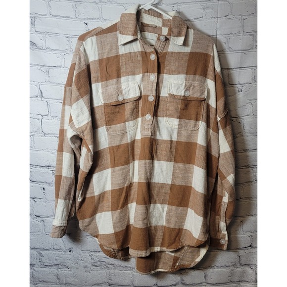 American Eagle Tops - American Eagle Womens Brown Buffalo Plaid Flannel Shirt Oversized Small S Cozy